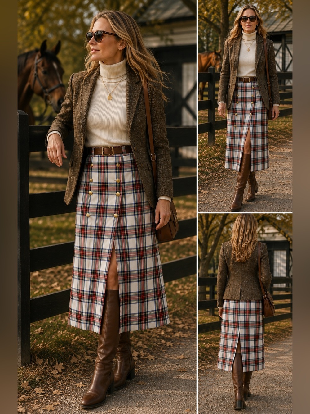 Vintage German Tartan Plaid Pleated Midi Skirt Gold Crest Buttons